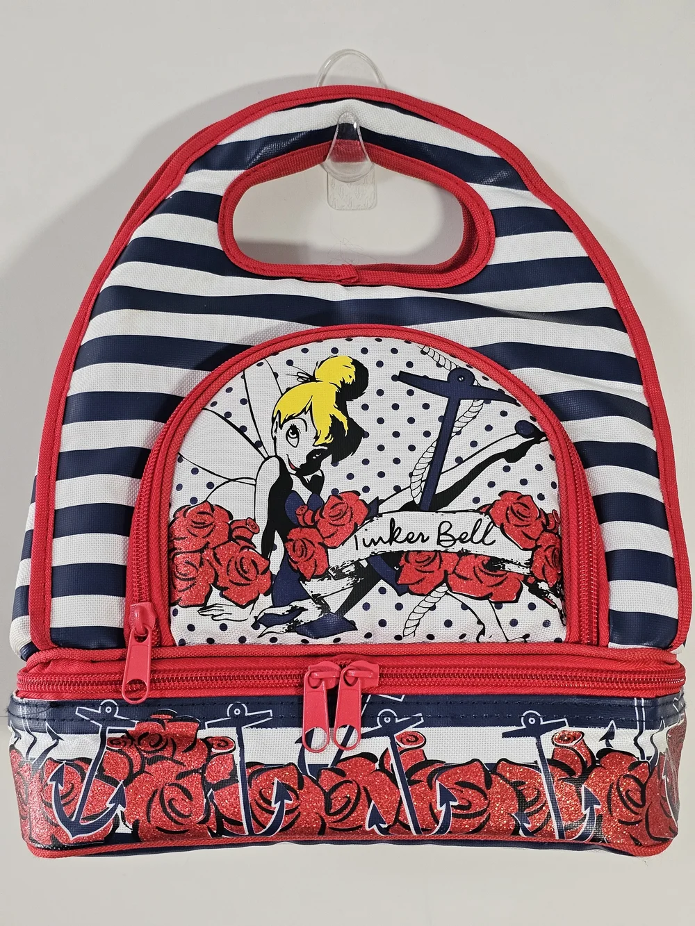 Loungefly Disney Tinker Bell Nautical Lunch Tote Bag Red Glitter Roses Stripes